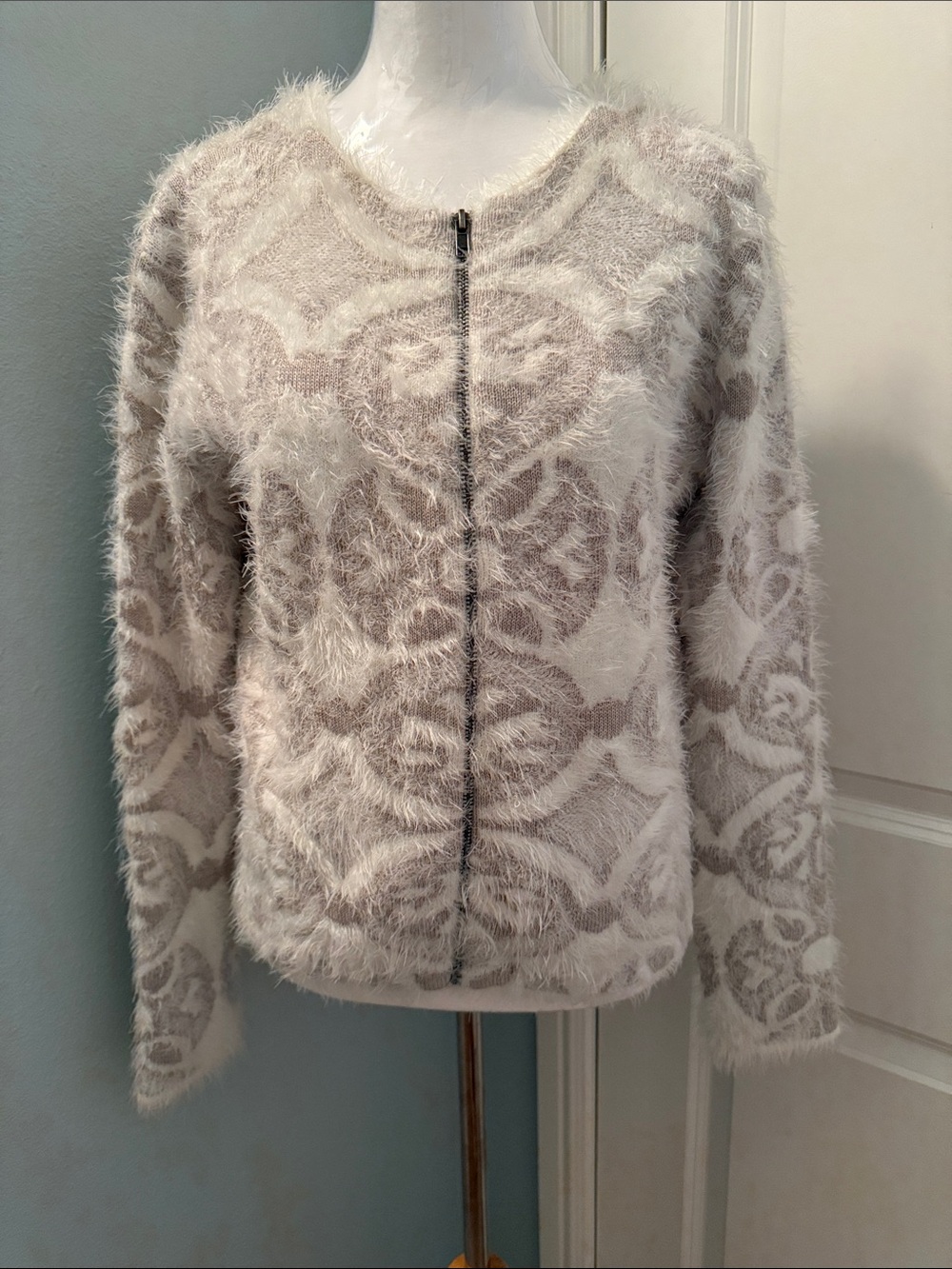Joan Vass Cream Fuzzy Knit Zip Cardigan